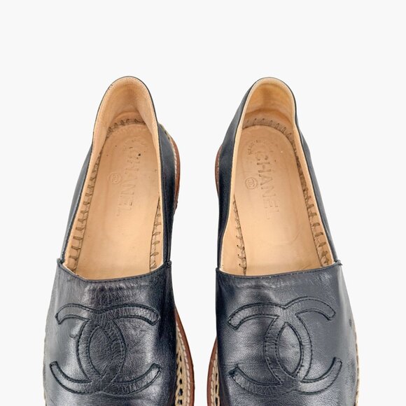 Chanel Black Leather CC Logo Espadrille Flats Size 39 US 8.5 Platform Shoes - Picture 4 of 14